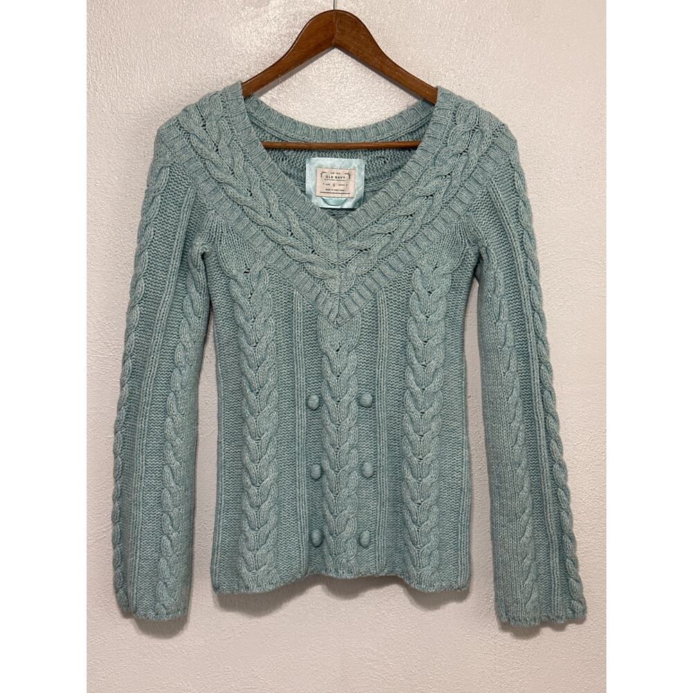 Old Navy Fisherman Cable Knit Bobble Wool Blend Sweater S Pastel Teal Soft Girl